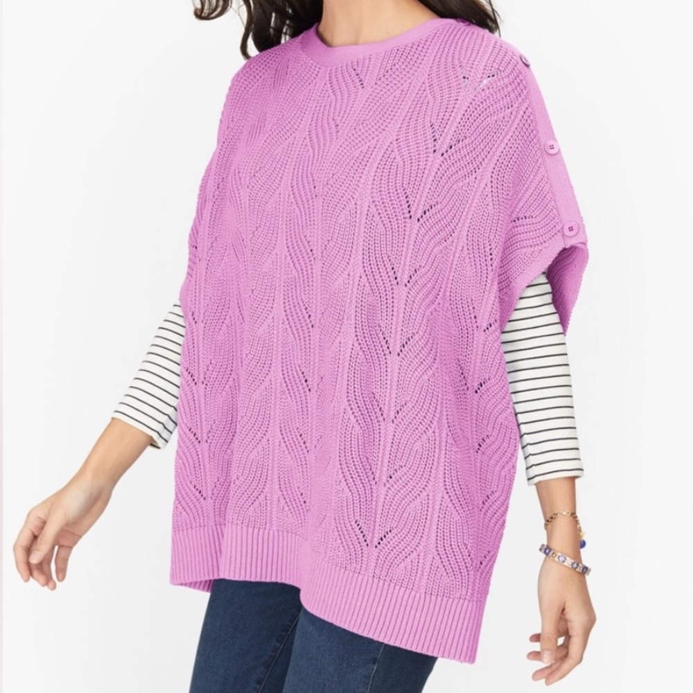 TALBOTS | pointelle chunky cable knit poncho sweater in violet tulle, size M/L